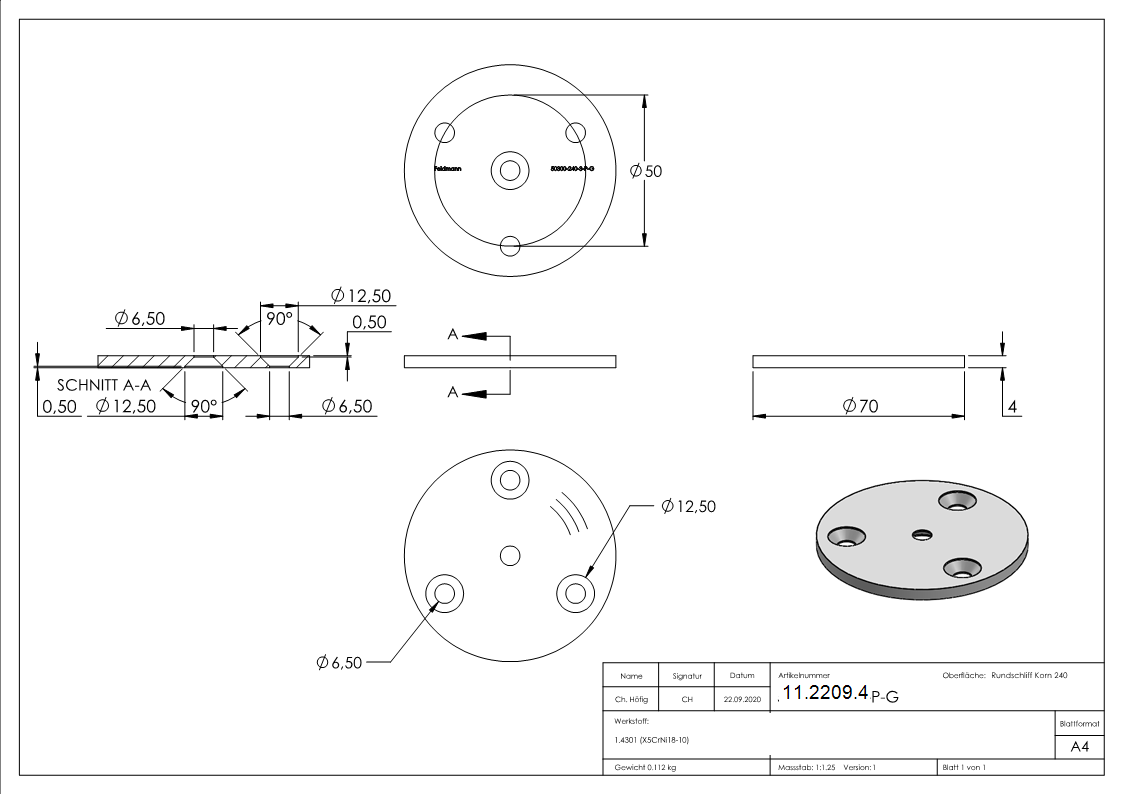 Ankerplatte Ø 70 x 4 mm mit Zentrierbohrung- Ø 6-5 mm V2A-11-2209.4