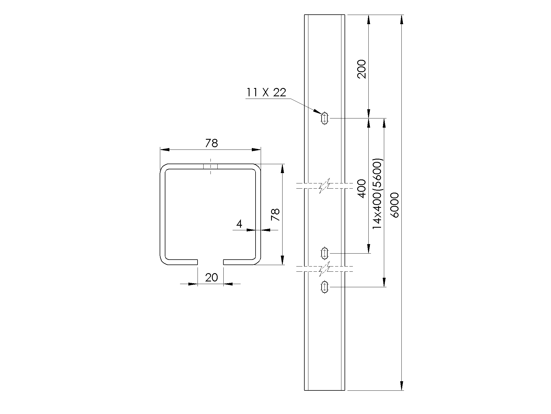 Fhrungsprofil Stahl verzinkt 78 x 78 x 4 mm L=6000 mm gelocht-89-11H0280X80ZND6000-A.4