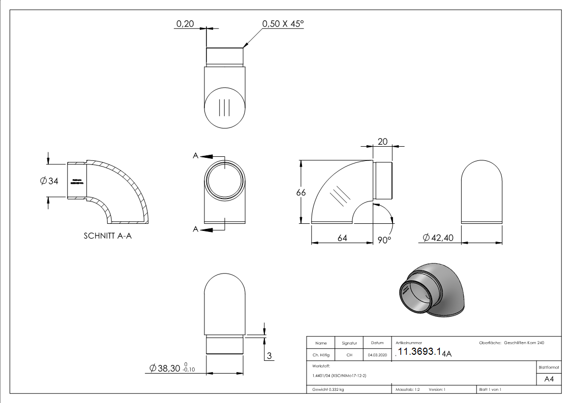 Endstueck 90° flach- fuer Rundrohr Ø 42-4x2-0 mm V4A-11-3693.1