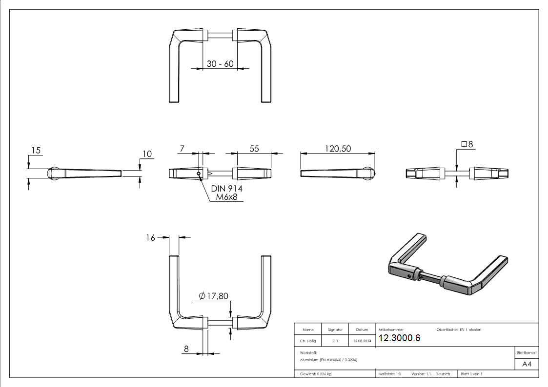Alu-Tuerdrueckerpaar gerade mit verz- Drueckerstift-12-3000.6