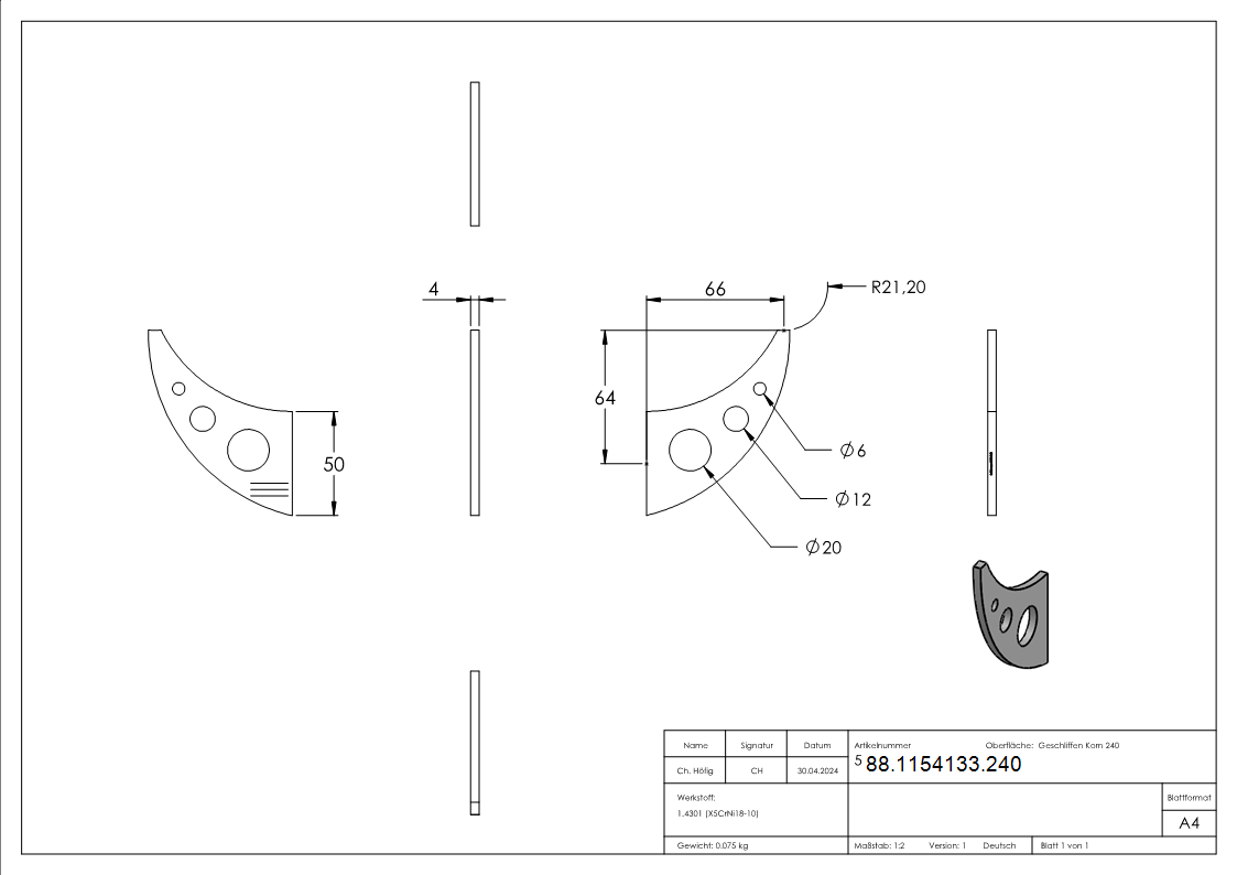Handlaufschwert V2A 4 mm stark 66 mm Wandabstand zum Anschweissen geschliffen Korn 240-88-1154133.240