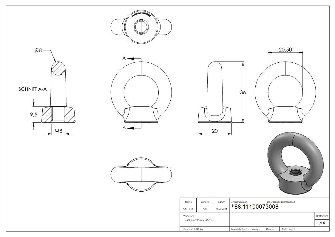 Ringmutter Edelstahl V4A Innengewinde M8- Rundeisen 8 mm- DIN 582-88.11100073008