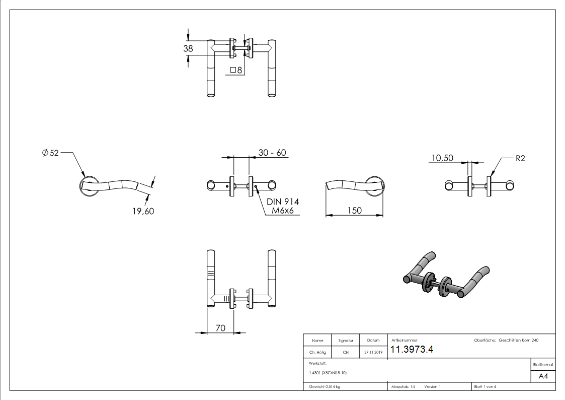 Tuerdrueckerpaar V2A inkl- 8 mm Drueckerstift Modell Ellbow-11-3973.4
