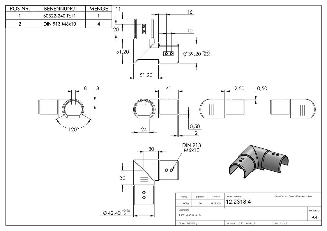 Verlaufsecke 90° - horizontal - fuer Nutrohr Ø 42-4 mm - V2A-12-2318.4