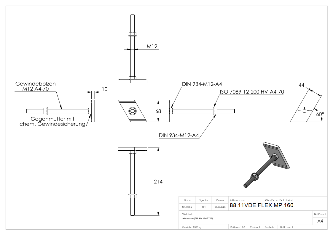 Montage-Platte fuer Montage-System FLEX-MOUNT PRO- fuer Daemmblock 160mm- L=214mm-88-11VDE-FLEX-MP.160