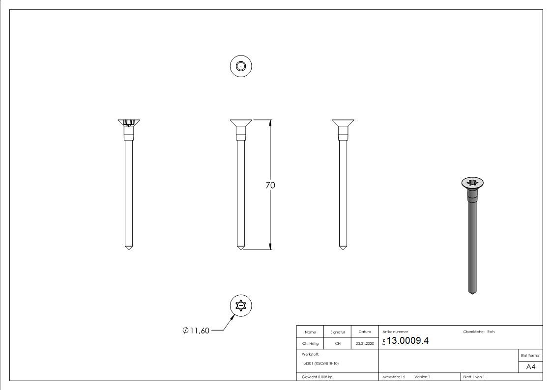 Senkkopf-Holzschraube V2A 6x70 mm mit Torxantrieb T30-13-0009.4