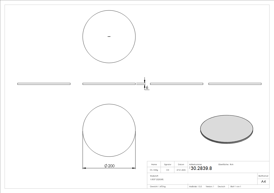 Ronde - Ø 200x6 mm - Stahl S235JR- roh-30-2839.8