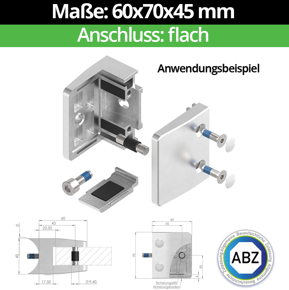 Glasklemme AbZ Masse- 60x70x45 mm fuer Anschluss  Flach - Ø 48-3 mm - 60-3 mm-10-MODELL39-1-19-1.1