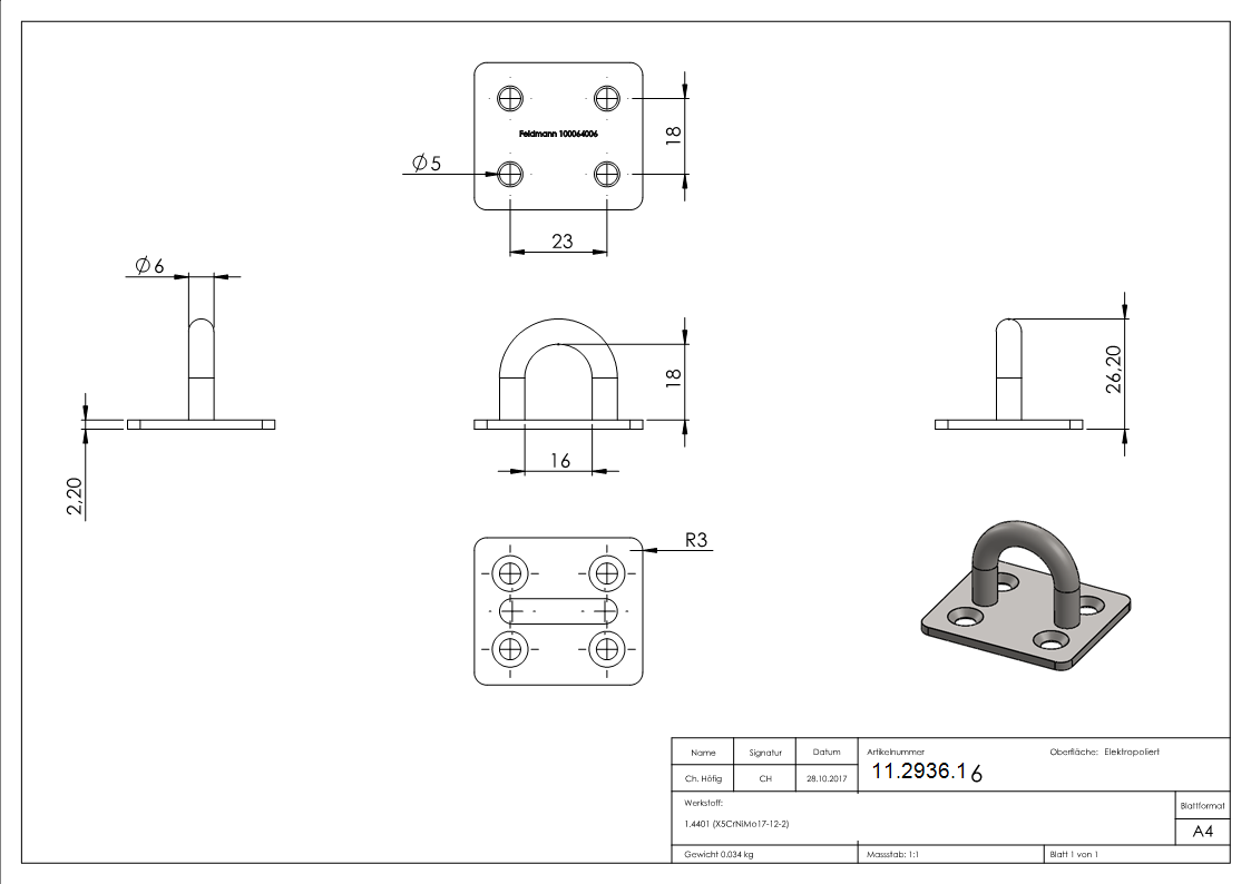 Befestigungsoese - Ø Oese- 6 mm - Platte- 40x35 mm - V4A-11-2936.1