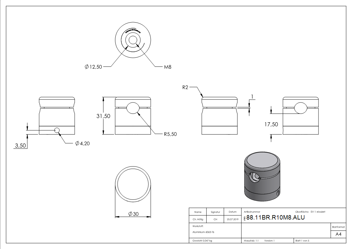 BRENK-fix® Grundhalter fuer Staebe Ø 10mm- ALU-88-11BR-R10M8.ALU