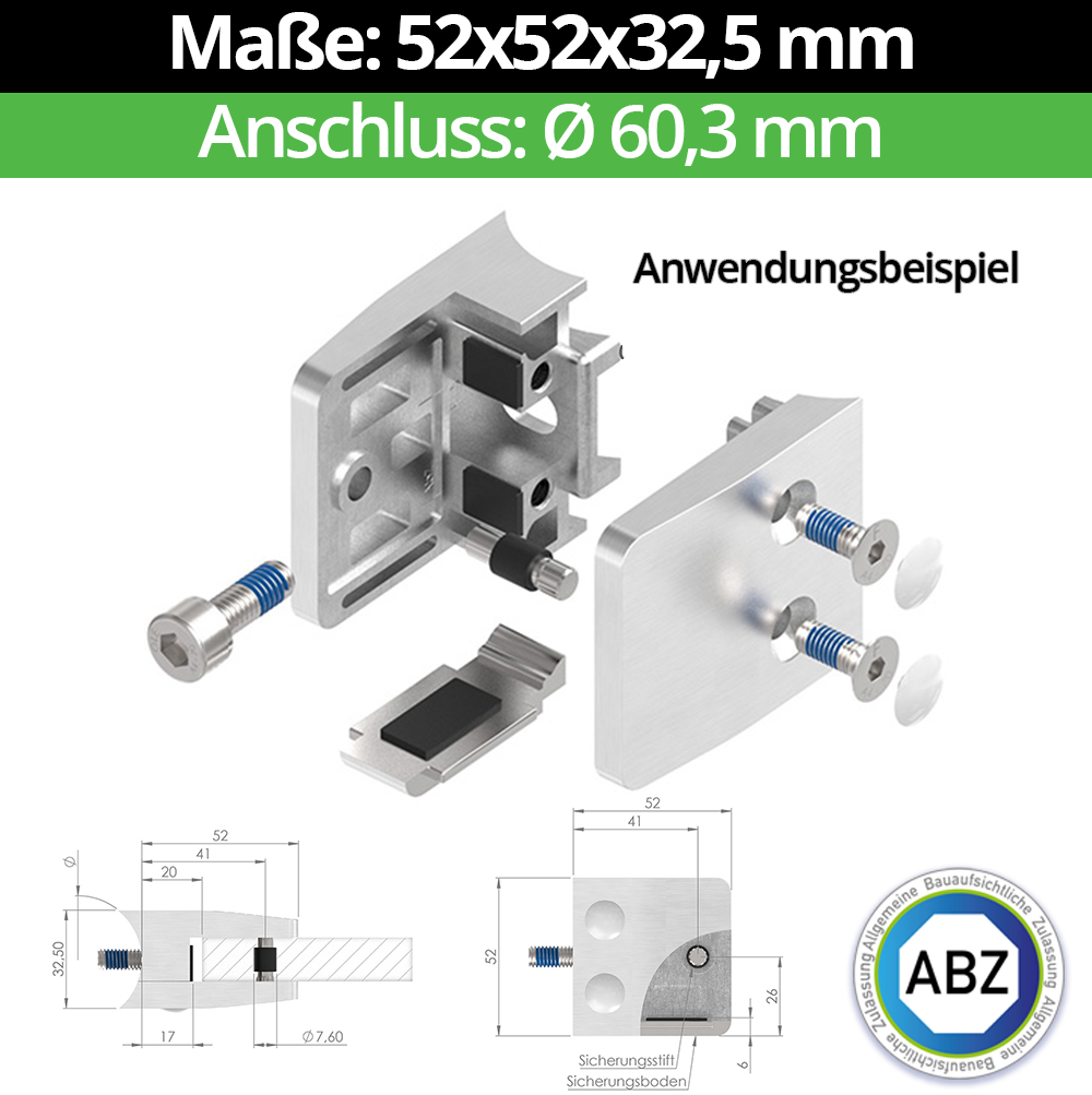 Glasklemme AbZ 52x52x32-5 mm  fuer Anschluss  Flach - Ø 42-4 mm - Ø 48-3 mm - 60-3 mm-10-MODELL34-60-9-3.2