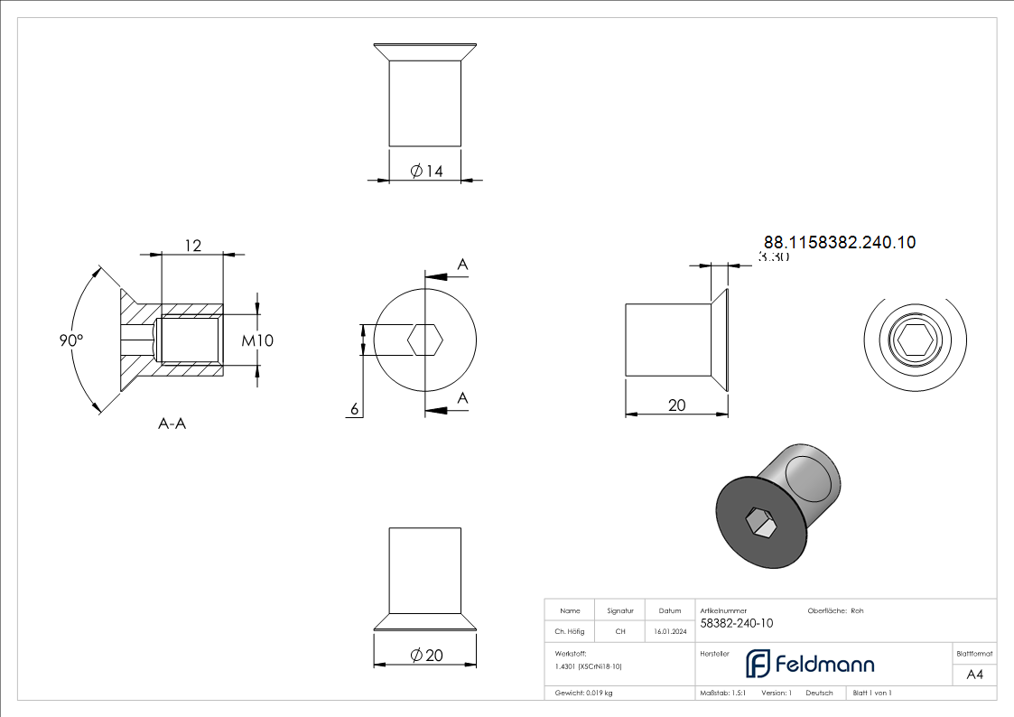Huelsenmutter mit Senkkopf und ISK- M10x20- V2A-88-1158382-240.10