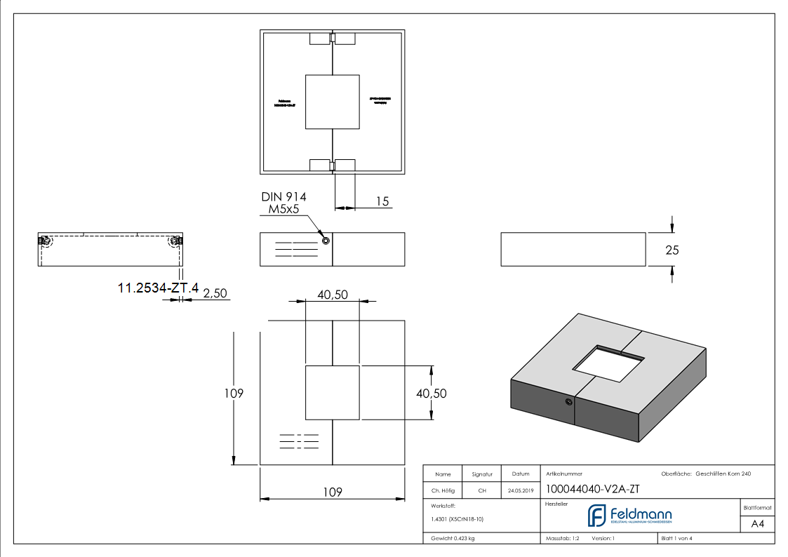 Abdeckrosette zweiteilig 109x109x25 mm fuer Vierkantrohr- 40x40 mm V2A-11-2534-ZT.4