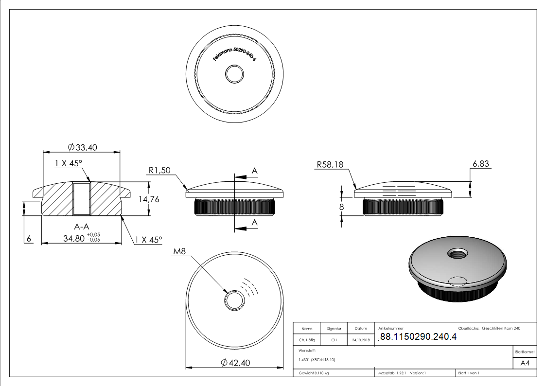 Einsteckkappe Edelstahl V2A Ø 42-4x4-0 mm mit M8 Gewinde- gewoelbt- zum Einschlagen-88-1150290-240.4