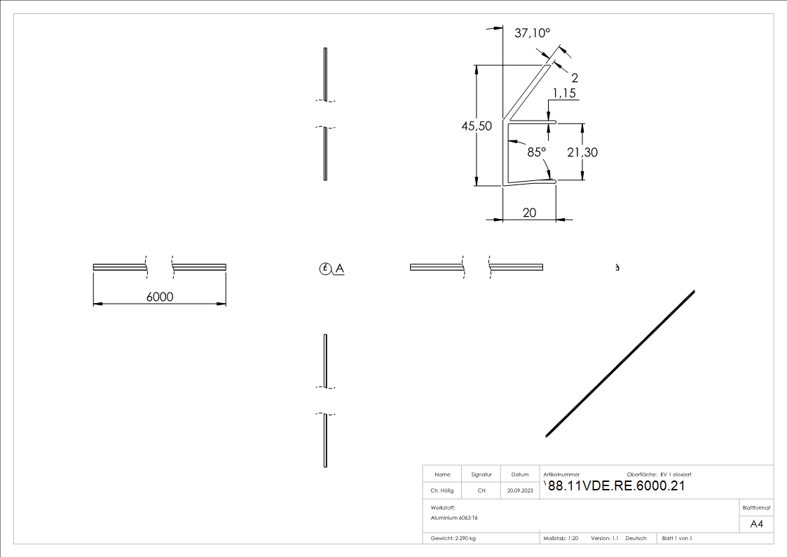 Regenrinne Vordach Aluminium eloxiert fuer Glas 21-52 mm L = 6000 mm E4-EV1-88-11VDE-RE-6000.21