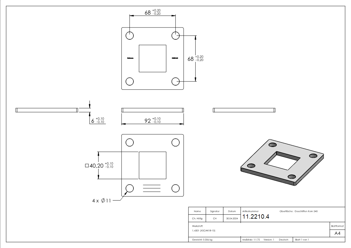 Ankerplatte Masse- 92 x 92 x 6 mm mit Zentrierbohrung- 40-2 x 40-2 mm V2A-11-2210.4