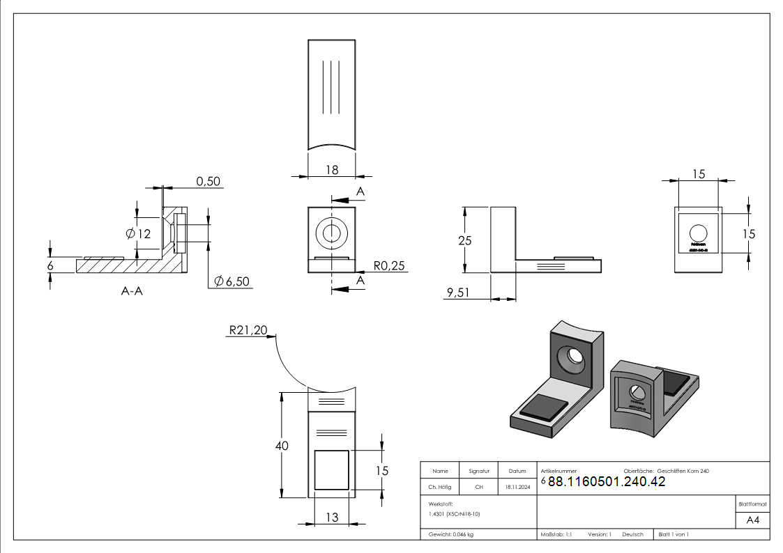 Halteboden mit Anschluss Ø 42-4 mm- V2A - Edelstahl V2A-88-1160501-240.42