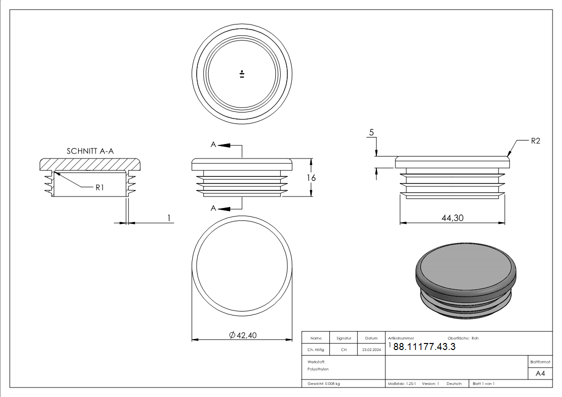 Kunststoffkappe fuer Rundrohr 42-4mm-88-11177-43.3