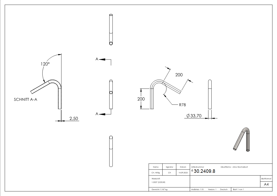 Rohrbogen 120° Stahl roh - 33-7 x 2-5 mm -1- - S235JR-30-2409.8