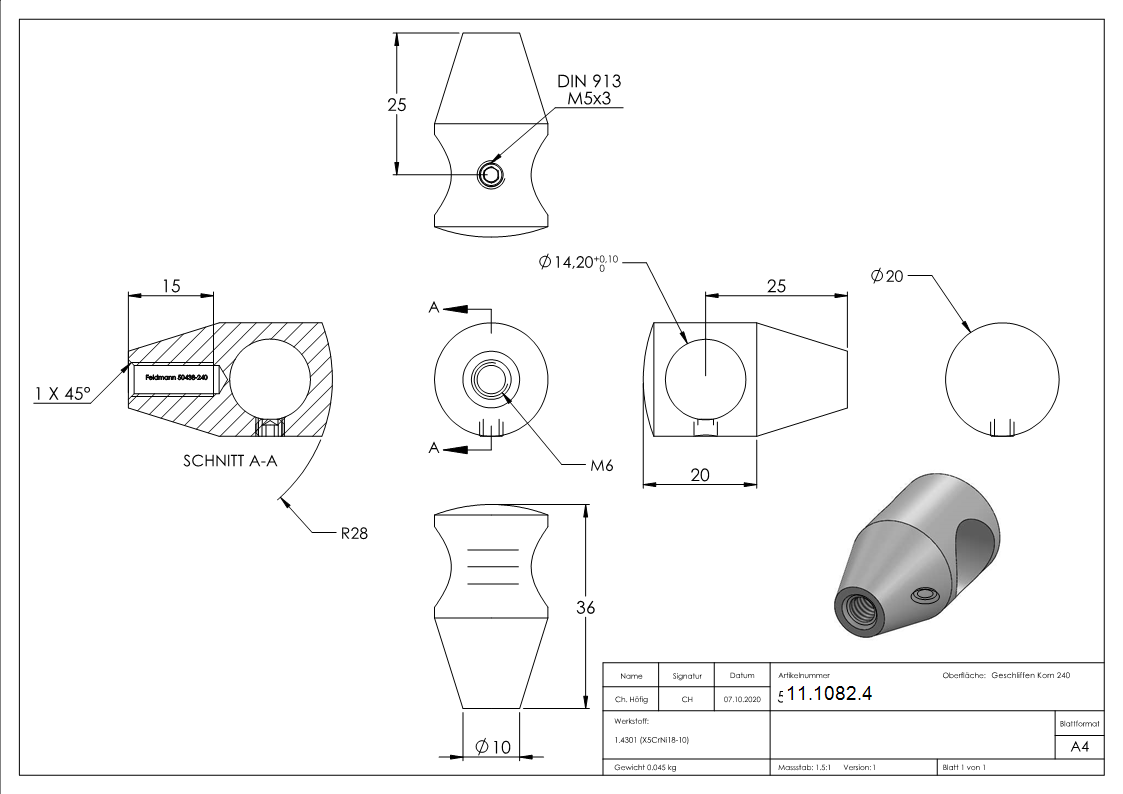 Querstabhalter V2A Edelstahl – konisch -Design- mit M6 Gewinde fuer Rundstaebe 14 mm-11-1082.4
