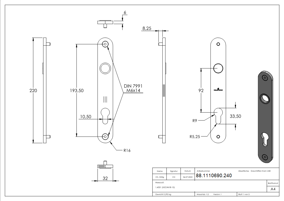 Langschild Edelstahl V2A 32 x 220 x 6 mm gerundet geschliffen Korn 240-88-1110690.240