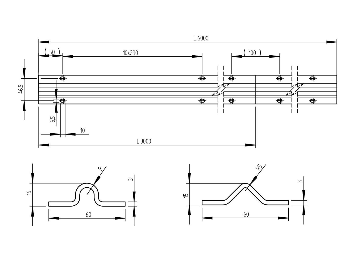 Bodenlaufschiene V-Profil Stahl verzinkt 59-5 x 14-5 x 3-0 mm L=6000 mm-89-11H39V6000-A.4