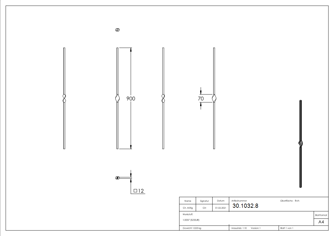 Zwischenstab - Laenge- 900 mm - Material- 12x12 mm - glatt - Stahl S235JR- roh-30-1032.8