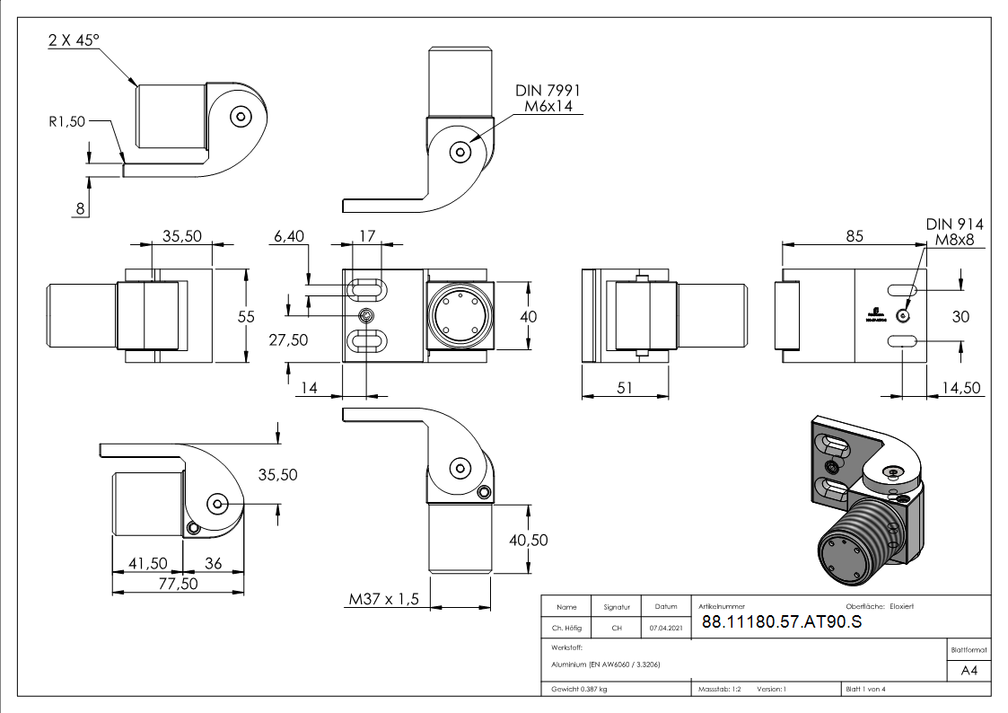Torband 180° aus Aluminium selbstschliessend mit Stopp schraubbar ARTIKEL - 57 AT90 S-Anschraubversion-88-11180-57-AT90.S