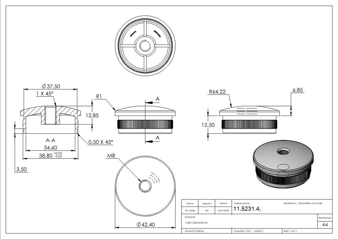 Rohrstopfen fuer Ø 42-4x2-0 mm leicht gewoelbt mit M8 zum Einschlagen V2A-11-5231.4