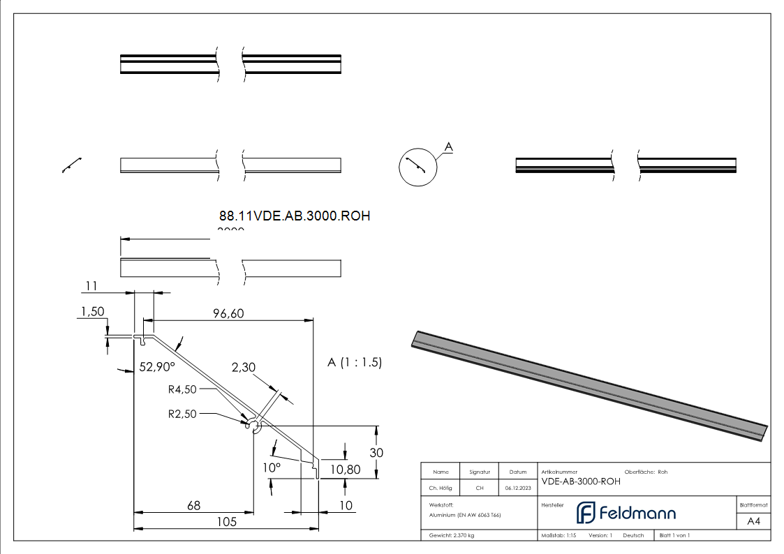 Design-Abdeckung fuer eleganza canopy- L=3000mm- Aluminium roh-88-11VDE-AB-3000.ROH