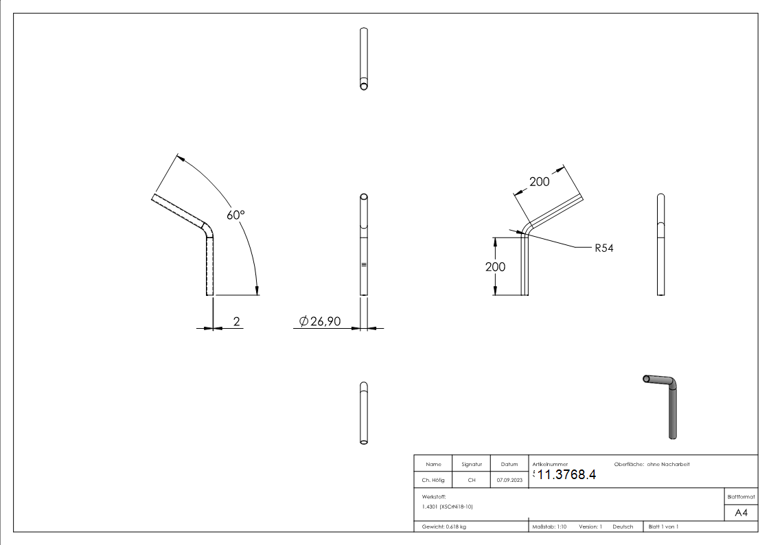 Bogen 60° zum Schweissen aus Rundrohr- Ø 26-9x2-0 mm V2A-11-3768.4