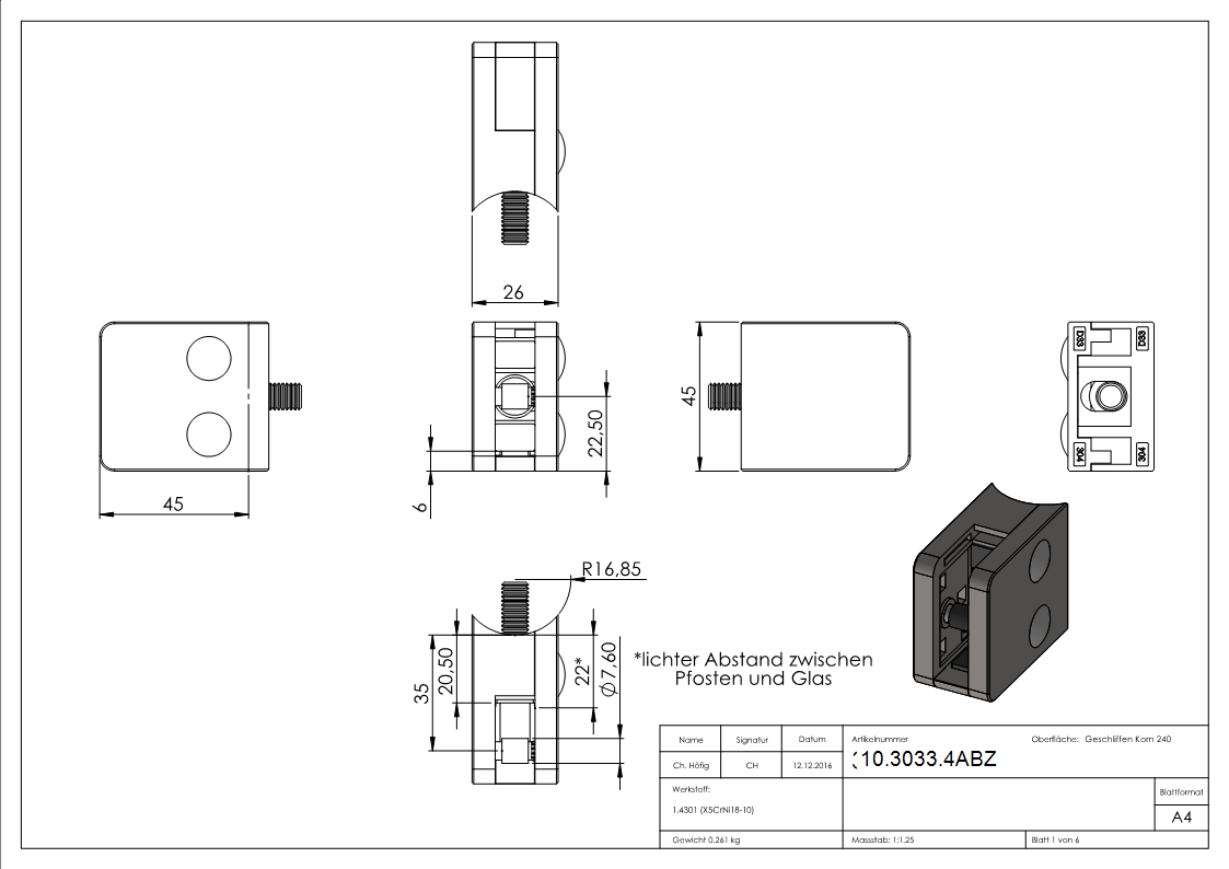 Glasklemme 45x45x26 mm AbZ fuer Anschluss Ø 33-7 mm V2A-10-3033.4ABZ