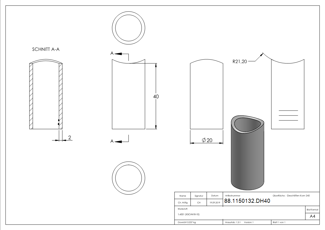 Distanzhuelse Edelstahl V2A L = 40 mm fuer Rohr Ø 42-4 mm einseitig ausgefraest-88-1150132.DH40