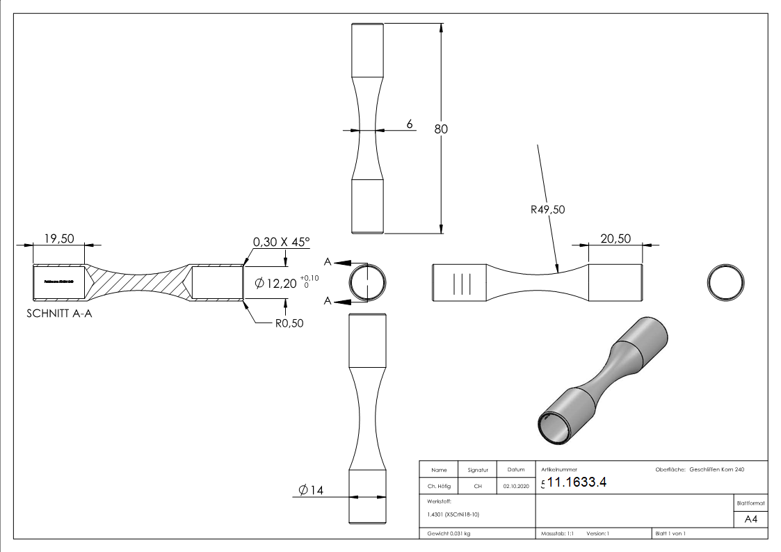 Rundstabverbinder V2A fuer Ø 12 mm Rund L 80 mm Ø 14 mm zum Biegen- verjuengt-11-1633.4