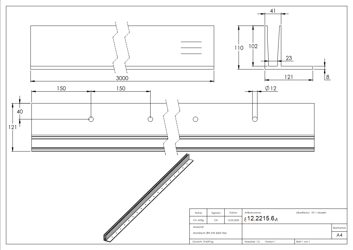 Alu-Profil - KOMPAKT - Laenge- 3000 mm - aufgesetzte Montage - Aluminium-12-2215.6