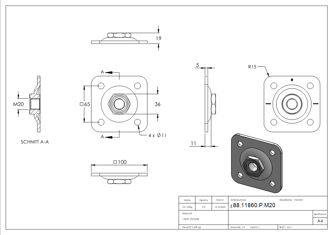 Verstellbare Mauerplatte fuer M20- verzinkt-88-11860-P.M20