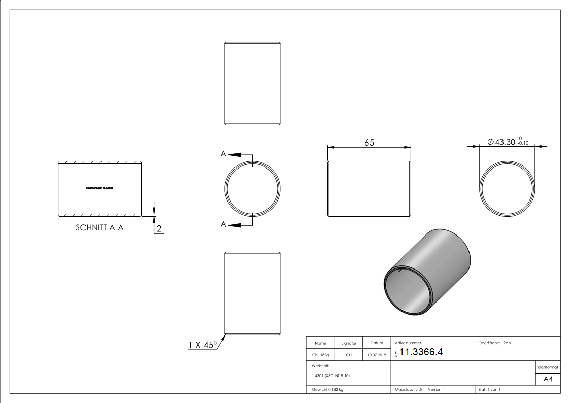 Rohrverbinder V2A fuer Rohr 48-3x2-5 mm L 65 mm ohne Mittelsteg-11-3366.4