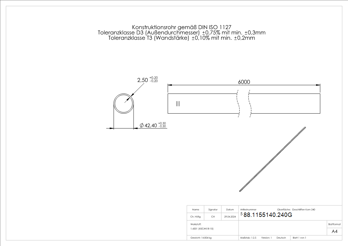 V2A-Rohr Korn 240 42-4 x 2-5 mm geglueht-88-1155140.240G