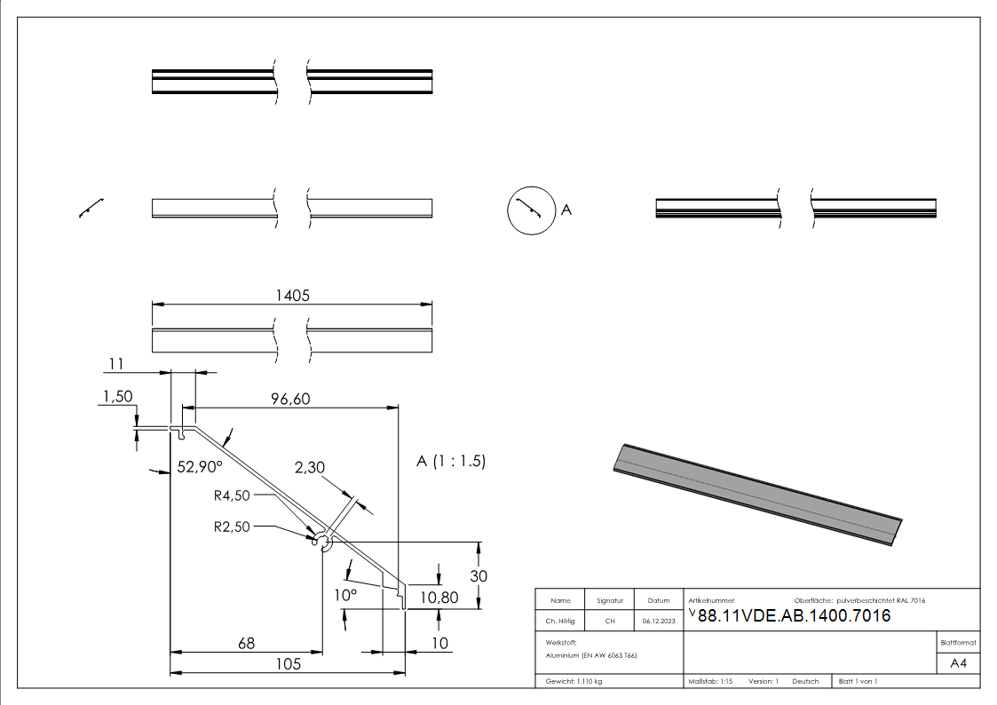Design-Abdeckung fuer eleganza canopy- L- 1405mm- RAL7016-88-11VDE-AB-1400.7016