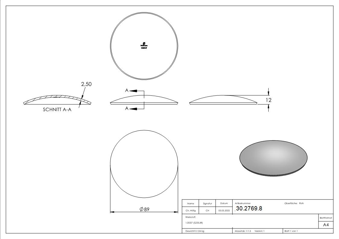 Kloepperboden Rohrabschluss Ø 89-0x2-5 mm Stahl roh Hoehe- 12 mm-30-2769.8