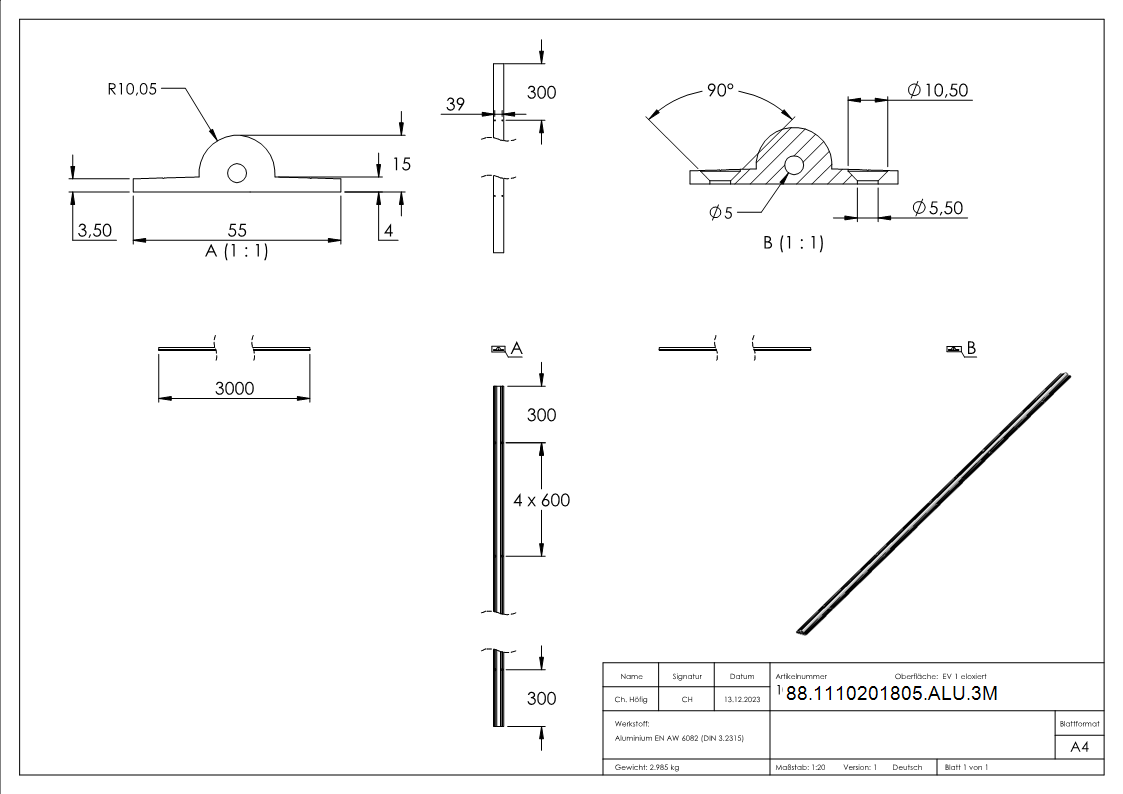 Laufschiene Aluminium L = 3000 mm- Ø 19 mm oben- eloxiert E6-EV1-88-1110201805-ALU.3M