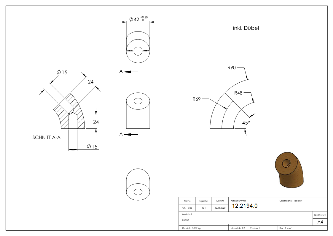 45° Bogen fuer Holzhandlauf-12-2194.0