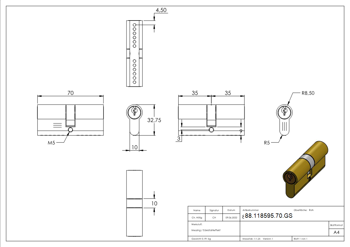 Profilzylinder- Laenge 70mm- gleichschliessend-88-118595-70.GS