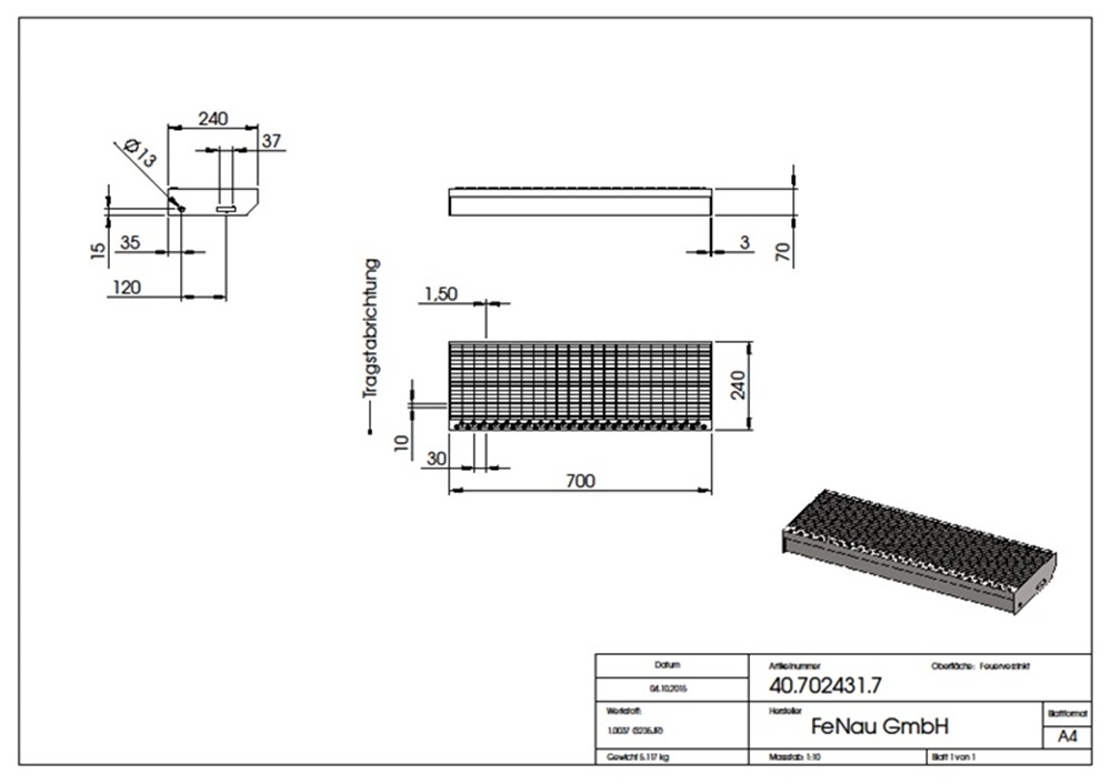 Gitterroststufe Treppenstufe Masse- 700x240 mm 30-10 mm S235JR -St37-2- im Vollbad feuerverzinkt-40-702431.7