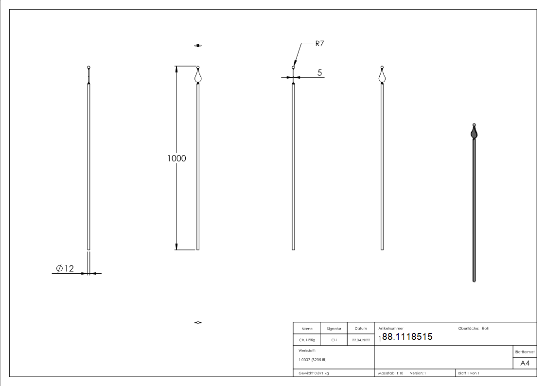 Zaunstab Stahl roh Ø 12 mm- L = 1000 mm- mit Spitze und Kugel-88.1118515