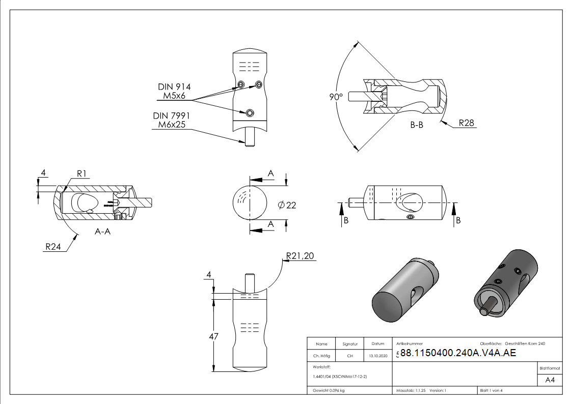 Querstabhalter Edelstahl V4A fuer Rohr Ø 42-4 mm- Bohrung Ø 12-2 mm- Aussenecke 90°-88-1150400-240A-V4A.AE