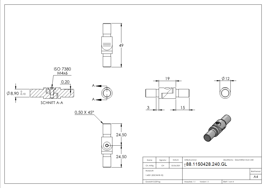 Rohrverbinder V2A fuer Rohr Ø 12 x 1-5 mm mit Gelenk 0-100° verstellbar-88-1150428-240.GL