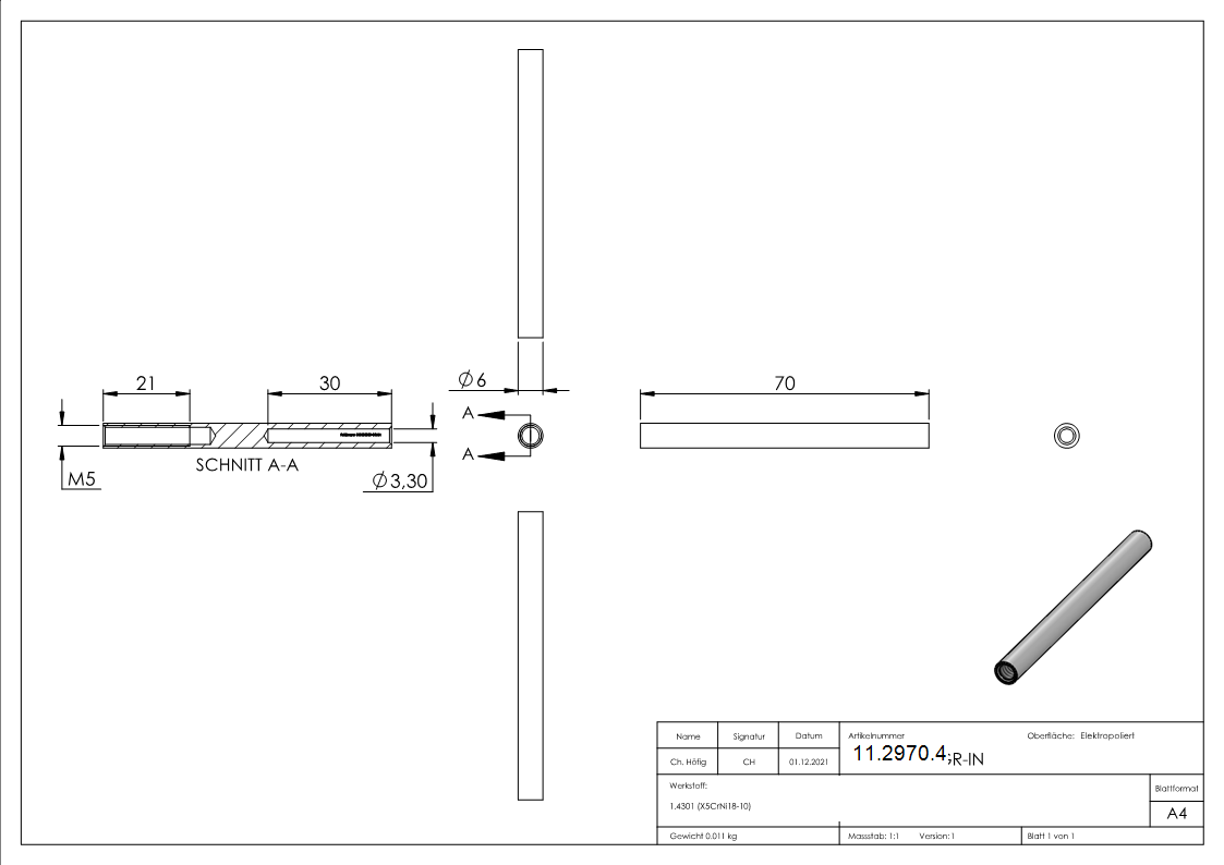 Gewindeterminal mit Innengewinde - Rechtsgewinde - Fuer Seil von Ø 3 mm -V2A-11-2970.4