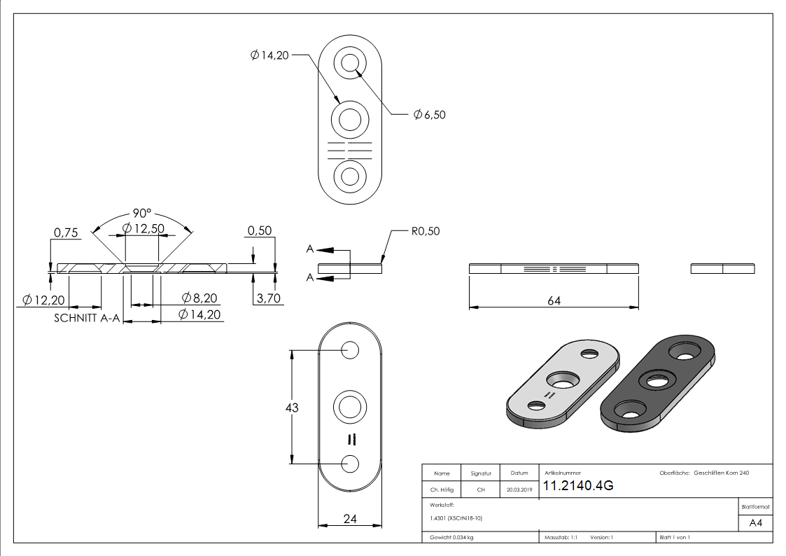 Handlaufanschlussplatte 63x25x4 mm -flach- V2A-11-2140.4G
