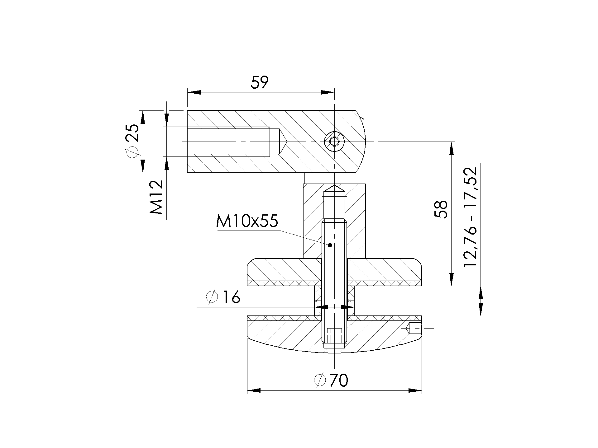 Vordach Glashalter Edelstahl AISI 316 h- 47 mm geschliffen mit Loch-89-11A1470R-A.4